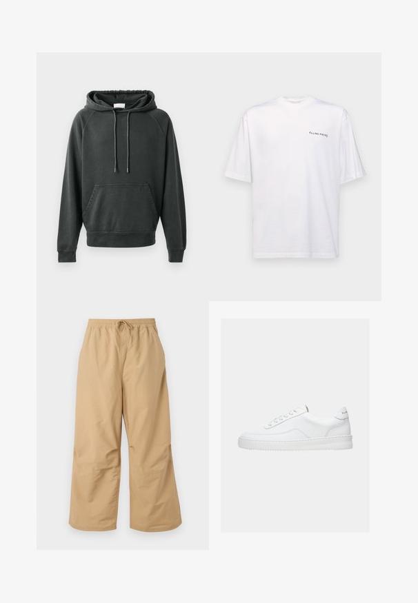 CLOSED Hoodie - black; Witte katoenen T-shirt met korte mouwen en een V-hals, voorzien van een zwart "FILLING PIECES" logo dat aan de linkerkant is gedrukt.; Beige wijde broek gemaakt van lichtgewicht stof, met een elastische tailleband en een trekkoord, en gestikte accenten nabij de zoom.; Witte lage sneaker met vetersluiting, glad leren bovenwerk en dikke zool, gezien vanuit de zijkant tegen een effen achtergrond.