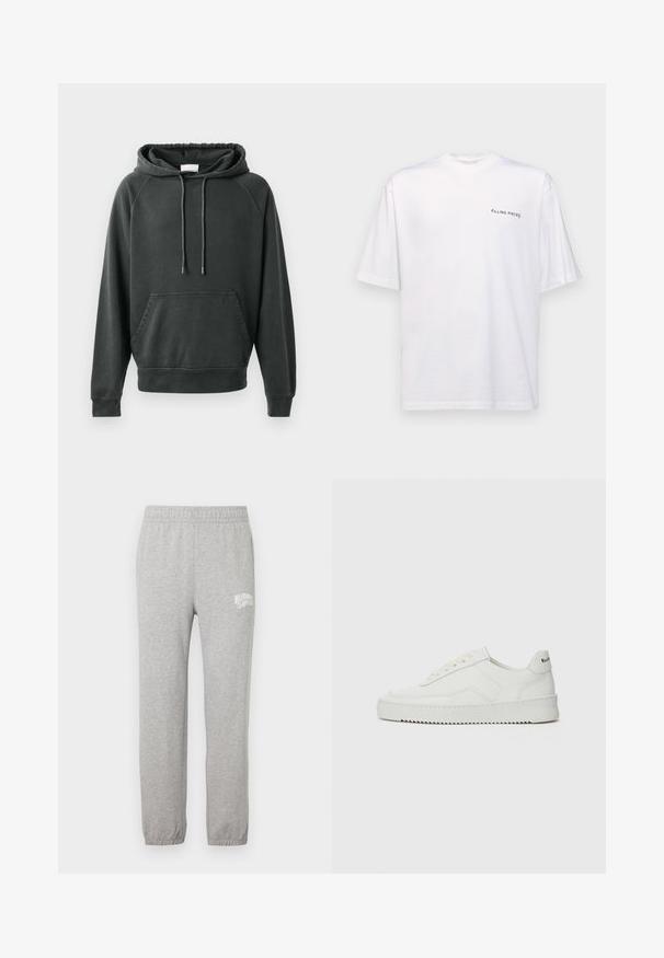 CLOSED Sweat à capuche - black; T-shirt blanc à manches courtes en coton avec un col en V, présentant un logo noir "FILLING PIECES" imprimé sur le côté gauche.; Pantalons de jogging en coton gris avec une taille élastique et des jambes effilées. Présente un logo blanc sur la cuisse gauche. Texture lisse.; Baskets en cuir blanc avec une finition lisse, bout arrondi, lacets plats et semelle texturée. Présente un logo discret sur le talon.