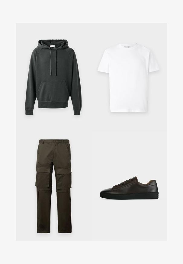 CLOSED Hoodie - black; Witte katoenen t-shirt met een ronde hals en korte mouwen. Bevat een klein, reliëf logo op de linker borst. Soepele textuur.; Donkergroene cargobroek met meerdere grote voor- en dijzakken, knoopsluiting en gestikte kniestukken op een witte achtergrond.; Low-profile donkerbruine leren sneaker met zwarte rubberen zool, veters aan de voorkant en een strak minimalistisch design op een lichte achtergrond.