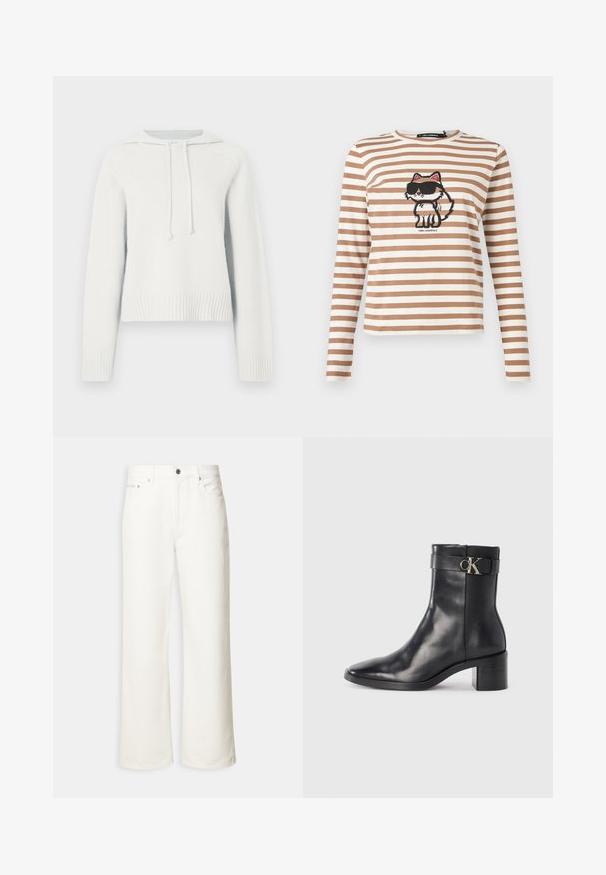 Witte hoodie met lange mouwen, ribgebreide manchetten en zoom, gestructureerde stof, trekkoorden bij de hals en een cropped ontwerp.; Beige-wit gestreept shirt met lange mouwen en een cartoonkat met zonnebril op de borst gedrukt.; Witte jeans met wijde pijpen, voorste knoopsluiting, riemlussen en een ontwerp met vijf zakken.; Zwarte leren enkellaars met een spitse neus, blokhak en een bandje met een metallic logo. Gladde textuur en minimalistisch ontwerp.