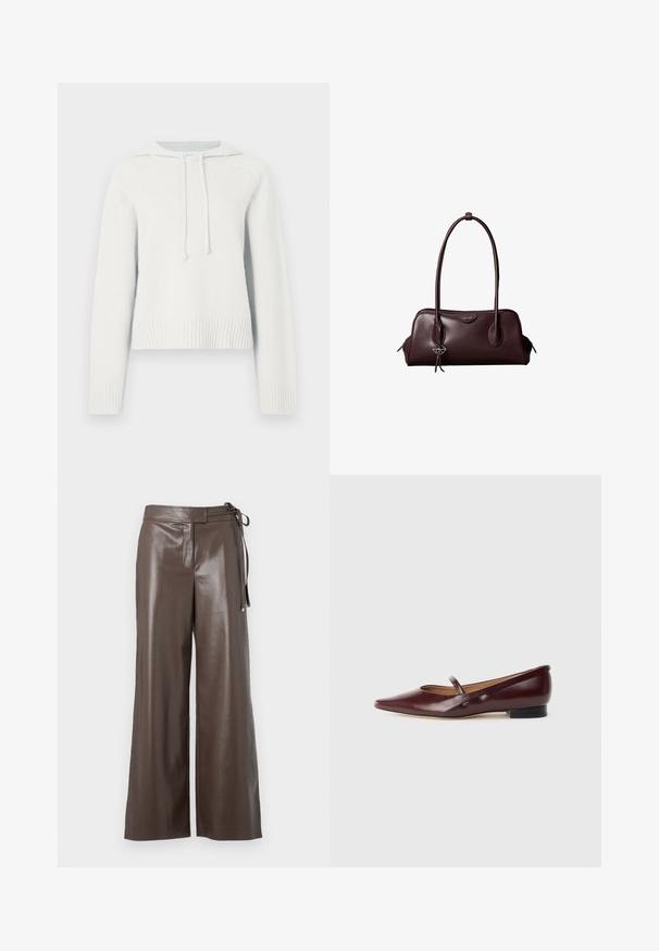 Sweatshirt à capuche blanche avec manches longues, poignets et ourlet côtelés, tissu texturé, cordons de serrage au niveau du col, et un design court.; Pantalons larges en simili cuir marron avec taille haute et détail de lien sur le côté, sur fond blanc.; Chaussure plate en cuir verni bordeaux avec un bout pointu et une sangle décorative sur le cou-de-pied. Présente un petit talon noir.; Sac à main en cuir brun foncé Calvin Klein avec de longues poignées doubles et un petit porte-clé logo suspendu à une poignée.