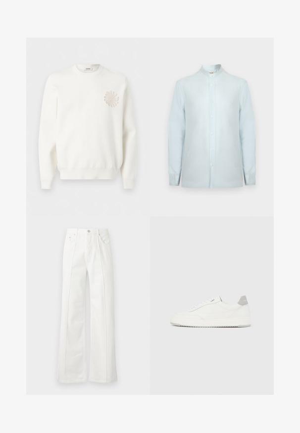 Sweat-shirt blanc à manches longues avec col rond et une application florale circulaire texturée sur la poitrine gauche.; Chemise homme à manches longues avec boutons, de couleur bleu clair, dotée d'un col mao et de boutons blancs sur le devant.; Pantalon blanc taille haute à jambes larges avec coutures devant, passants de ceinture, fermeture par bouton et poches latérales sur fond uni.; Baskets basses blanches avec un onglet de talon gris, des lacets blancs et une semelle texturée, présentées sur un fond uni clair.