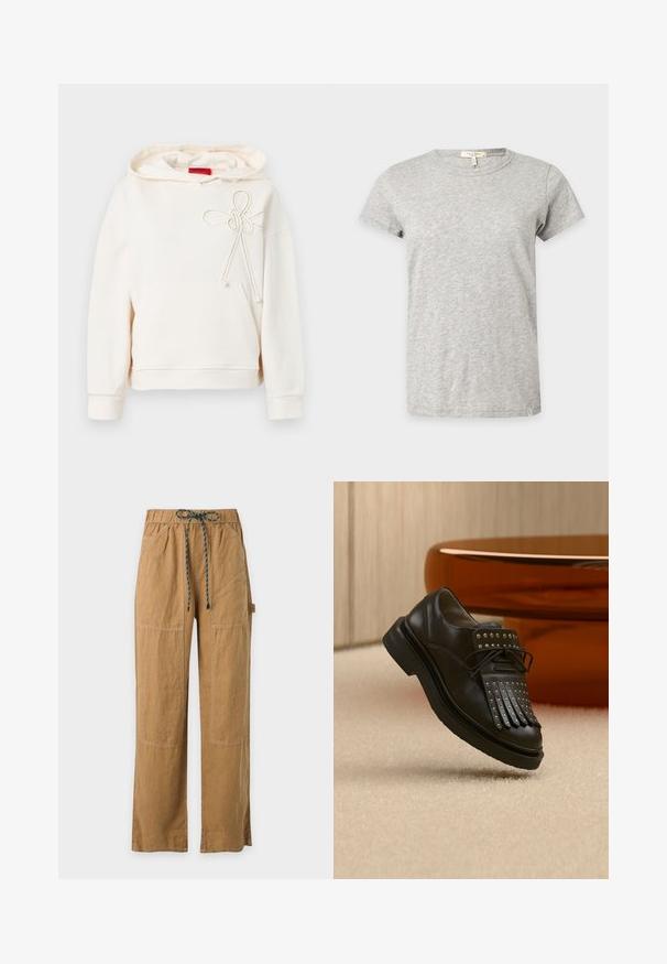Haut à capuche couleur crème avec poche avant et détail de nœud en corde décoratif sur la poitrine, comportant une étiquette de marque rouge à l'intérieur du col.; T-shirt gris clair à manches courtes et col rond avec un motif chiné subtil affiché sur un fond uni.; Pantalon droit marron clair avec taille élastique et cordon foncé, poches avant et coutures visibles.; Chaussure en cuir noire à lacets avec franges décoratives et clous métalliques posée sur un tapis beige près d'un meuble marron.