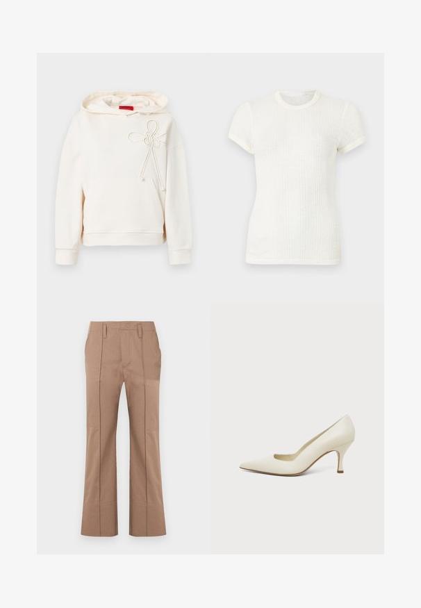 Haut à capuche couleur crème avec poche avant et détail de nœud en corde décoratif sur la poitrine, comportant une étiquette de marque rouge à l'intérieur du col.; T-shirt blanc en maille côtelée à manches courtes avec col rond et manches légèrement bouffantes.; Pantalon beige droit avec plis devant, passants de ceinture et taille haute, présenté sur fond blanc.; Chaussure à talon haut en cuir couleur crème, à bout pointu et talon fin de hauteur moyenne, sur un fond clair uni.