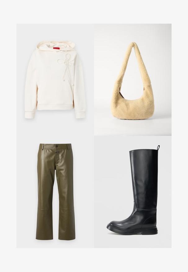 Haut à capuche couleur crème avec poche avant et détail de nœud en corde décoratif sur la poitrine, comportant une étiquette de marque rouge à l'intérieur du col.; CLOSED SERANDON - Pantalon en cuir - marsh green; Bottes hautes en cuir noir lisse, avec une surface lisse, un bout arrondi et une semelle en caoutchouc plate. Dotées d'une languette à l'arrière pour faciliter l'enfilage.; Sac à épaule en shearling beige avec une poignée incurvée et une forme arrondie. La texture est douce et pelucheuse, avec des accents matériels minimaux.