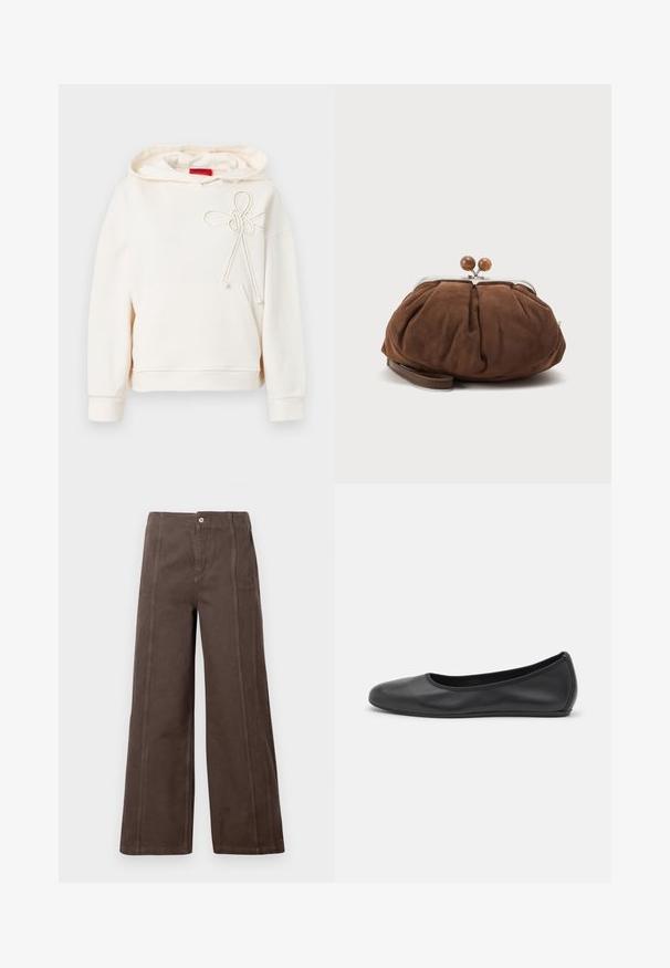 Haut à capuche couleur crème avec poche avant et détail de nœud en corde décoratif sur la poitrine, comportant une étiquette de marque rouge à l'intérieur du col.; Pantalons larges marron en tissu lisse, dotés de coutures sur le panneau avant et d'une fermeture à un seul bouton en métal à la taille.; Ballerines en cuir noir avec un bout rond, texture lisse, détails de couture minimalistes et design de semelle flexible.; Petit sac poignet en daim marron doux avec cadre en métal argenté et boules rondes marron de fermeture sur fond clair uni.