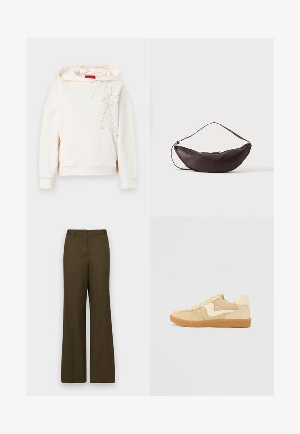 Haut à capuche couleur crème avec poche avant et détail de nœud en corde décoratif sur la poitrine, comportant une étiquette de marque rouge à l'intérieur du col.; Pantalons larges en velours olive, fabriqués en tissu en mélange de coton. Comprend une fermeture à bouton à l'avant, des passants de ceinture et deux poches latérales.; Sneaker beige avec des matériaux en daim et en maille, forme arrondie, col rembourré proéminent et semelle en caoutchouc gomme. Présente un accent de design en forme de vague.; Sac d'épaule en cuir marron foncé en forme de croissant avec une lanière courbée et des coutures visibles sur fond uni.