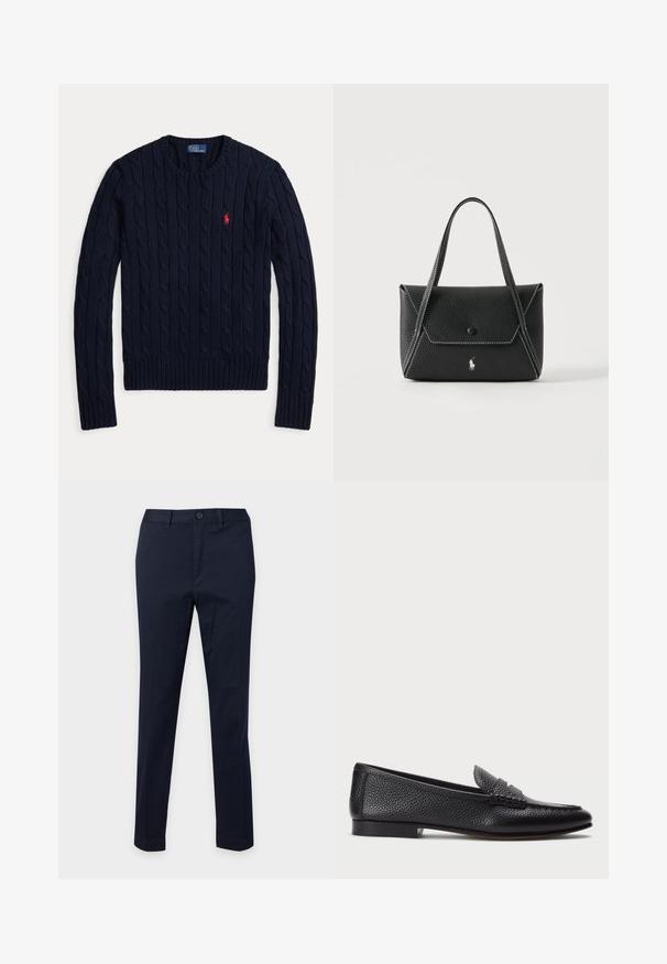Pull bleu marine en maille torsadée à manches longues, col rond et logo rouge Polo Ralph Lauren sur la poitrine côté gauche.; Pantalon bleu marine slim fit avec fermeture à bouton et zip devant, passants pour ceinture et coupe droite.; Mocassin en cuir noir avec une finition texturée, doté d'une sangle décorative et d'un talon plat. Design épuré et minimal avec un bout arrondi.; Sac à main en cuir noir avec deux poignées, rabat avant à fermeture par bouton, coutures blanches et petit logo cheval sur fond uni.