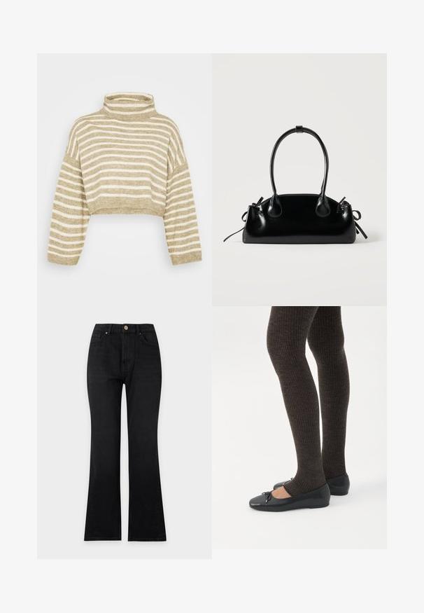 ONLY Petite ONLTALIO STRIPE SHORT ROLLNECK - Pullover - weathered teak/birch melange; Jean noir taille haute à coupe droite, fermeture devant par boutons et design cinq poches sur un fond clair uni.; Jambes portant des leggings côtelés foncés associés à des ballerines noires avec de petits détails en nœud sur fond blanc.; Petit sac à main noir brillant avec deux longues anses et des détails à cordon sur les côtés sur un fond clair uni.