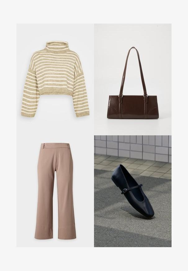 ONLY Petite ONLTALIO STRIPE SHORT ROLLNECK - Pullover - weathered teak/birch melange; Pantalon marron clair à jambes larges avec une taille ajustée et des passants de ceinture, présenté sur un fond uni clair.; Chaussure plate Mary Jane en cuir noir avec une petite bride à boucle, posée sur une surface en asphalte gris près d'un mur carrelé.; Sac à main en cuir verni marron de forme rectangulaire, avec deux longues poignées et des accents courbés subtils à l'avant.
