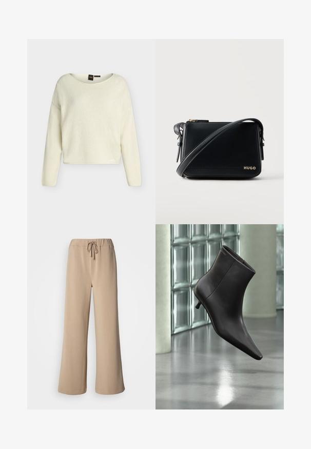 Pull à manches longues de couleur crème avec une coupe ample et un col rond, présenté sur un fond uni gris clair.; Pantalon beige à jambes larges avec une ceinture élastique et un cordon de serrage. Confectionné dans un tissu doux à la texture lisse, avec un ourlet surpiqué.; Bottine en cuir noir avec bout pointu et petit talon, présentée devant un mur en blocs de verre et un sol poli.; Sac bandoulière rectangulaire en cuir noir avec sangle réglable et logo doré "HUGO" dans le coin avant sur fond uni.