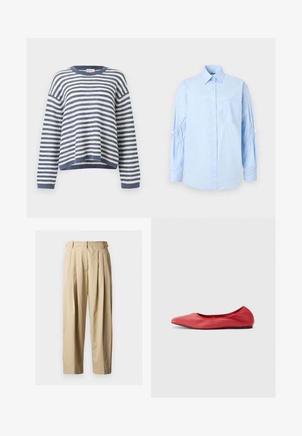 Pull en maille à rayures horizontales bleues et blanches, manches longues et coupe légèrement courte et décontractée.; Chemise à manches longues bleu clair avec col pointu, poche poitrine et détails froncés sur les manches réunis par des cordons blancs.; Pantalon beige à taille haute plissé avec passants pour ceinture, fermeture éclair à l'avant et jambes larges et droites sur un fond uni.; Filippa K REY FLATS - Ballerines - bright red