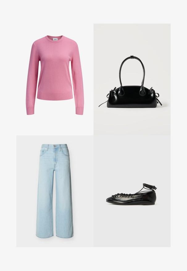 Rosa Pullover mit langen Ärmeln und Rundhalsausschnitt, gerippte Bündchen und Saum, einfarbige Strickstruktur und ein kleines weißes Etikett innen am Halsausschnitt mit der Aufschrift JJXX.; Hellblaue Jeans mit weitem Bein, vorne mit Knopf- und Reißverschluss, Gürtelschlaufen und klassischem Fünf-Taschen-Design.; Schwarze Ballerinas aus Lackleder mit runder Spitze, Schnürdesign und flacher Sohle. Glatte Textur mit minimaler Verzierung.; Kleine schwarze glänzende Handtasche mit zwei langen Griffen und seitlichen Kordelzug-Details vor einfachem hellem Hintergrund.
