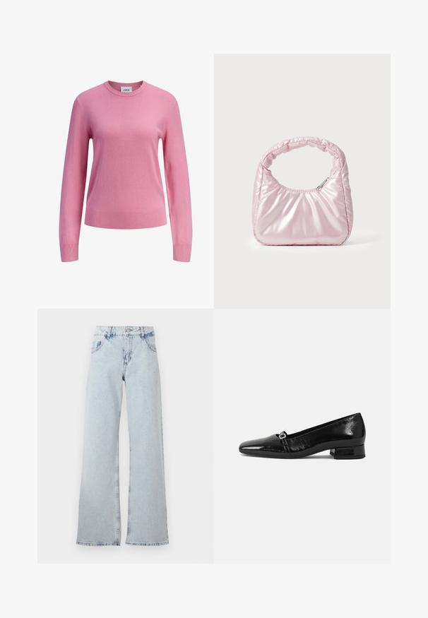 Rosa Pullover mit langen Ärmeln und Rundhalsausschnitt, gerippte Bündchen und Saum, einfarbige Strickstruktur und ein kleines weißes Etikett innen am Halsausschnitt mit der Aufschrift JJXX.; Hellblaue weite Jeans aus Denim, mit hoher Taille, Gürtelschlaufen, fünf Taschen und ausgebleichten Bereichen für einen Vintage-Look.; Schwarze Lackleder-Ballettschuhe mit spitzem Zehenbereich, niedrigem quadratischem Absatz und einem kleinen metallischen Schnallenakzent am Riemen. Glatte Textur.; Rosa, gepolsterte Handtasche mit abgerundeter Form, aus glänzendem Material gefertigt. Verfügt über einen gerafften Griff und einen Reißverschluss für sicheren Zugang.