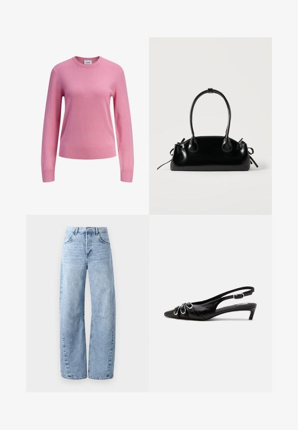 Jersey rosa de manga larga con cuello redondo, puños y dobladillo acanalados, textura de punto liso, y una pequeña etiqueta blanca en el interior del cuello con la marca JJXX.; Vaqueros de mezclilla de pierna ancha en tono azul claro, con cintura alta, cinco bolsillos y un ligero desgastado. Las piernas presentan costuras y costuras visibles.; Zapato slingback de cuero negro con punta puntiaguda, tres hebillas plateadas en la parte delantera y tacón bajo tipo «kitten» sobre fondo blanco.; Pequeño bolso negro brillante con dos asas largas y detalles de cordón lateral sobre un fondo claro liso.