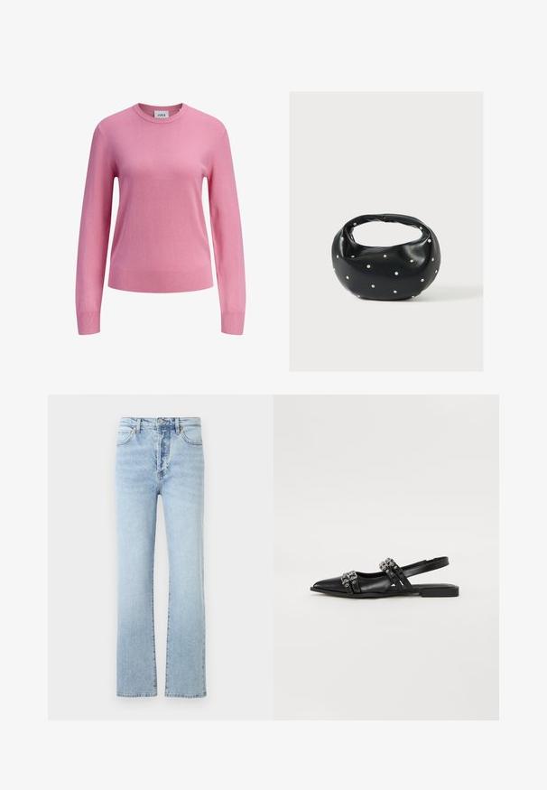 Jersey rosa de manga larga con cuello redondo, puños y dobladillo acanalados, textura de punto liso, y una pequeña etiqueta blanca en el interior del cuello con la marca JJXX.; Vaqueros de mezclilla de color azul claro con un diseño de pierna recta, que presentan una cintura alta, un estilo clásico de cinco bolsillos y un sutil desvanecimiento.; Even&Odd by Zalando Bailarinas con tira trasera - black; Bolso de mano de cuero negro con forma redondeada, decorado con detalles de tachuelas plateadas y un asa corta. Textura lisa y cierre con cremallera.