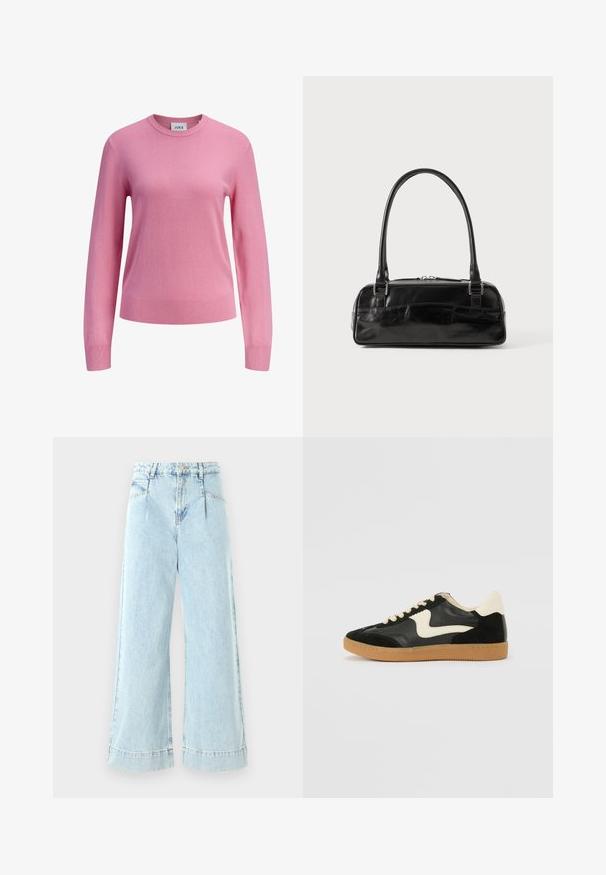 Jersey rosa de manga larga con cuello redondo, puños y dobladillo acanalados, textura de punto liso, y una pequeña etiqueta blanca en el interior del cuello con la marca JJXX.; Jeans de mezclilla de pernera ancha en azul claro, con una cintura alta, bolsillos frontales y detalles cosidos en el dobladillo.; Zapatillas de deporte de ante y cuero negro con un swoosh lateral en crema y un talón en crema claro. Presenta cordones beige y una suela de goma marrón.; Bolso de mano de cuero negro con forma rectangular, equipado con un asa estructurada, herrajes en plata y cierre de cremallera. Textura suave.