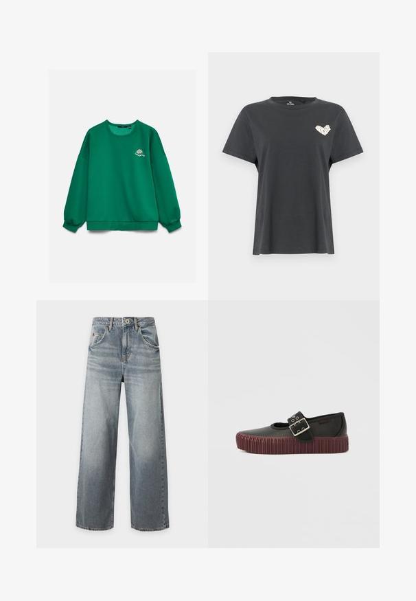 Sweat-shirt vert à manches longues avec un petit motif brodé de raquette et balle de tennis sur la poitrine gauche, présenté sur un fond uni.; T-shirt noir à manches courtes avec col rond, orné d'un petit dessin en forme de cœur blanc sur la poitrine gauche.; Jean bleu clair à jambes larges avec effet délavé, fermeture devant par bouton et zip, poches avant et arrière, passants pour ceinture, posé à plat sur fond blanc.; Chaussure noire à enfiler avec un design arrondi, présentant une boucle proéminente et une semelle extérieure bordeaux rainurée. Texture en cuir lisse.
