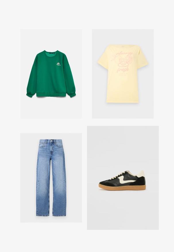 Sweat-shirt vert à manches longues avec un petit motif brodé de raquette et balle de tennis sur la poitrine gauche, présenté sur un fond uni.; T-shirt jaune pâle avec un graphisme rose de tranches d'orange et d'une tasse à thé et le texte « toujours du soleil frais à chaque gorgée » sur le devant.; Jean taille haute en denim bleu clair avec jambes larges, bouton et zip à l'avant, passants de ceinture et style cinq poches.; Baskets en daim et cuir noir avec un swoosh latéral crème et un talon crème clair. Dotées de lacets beige et d'une semelle en caoutchouc gomme.