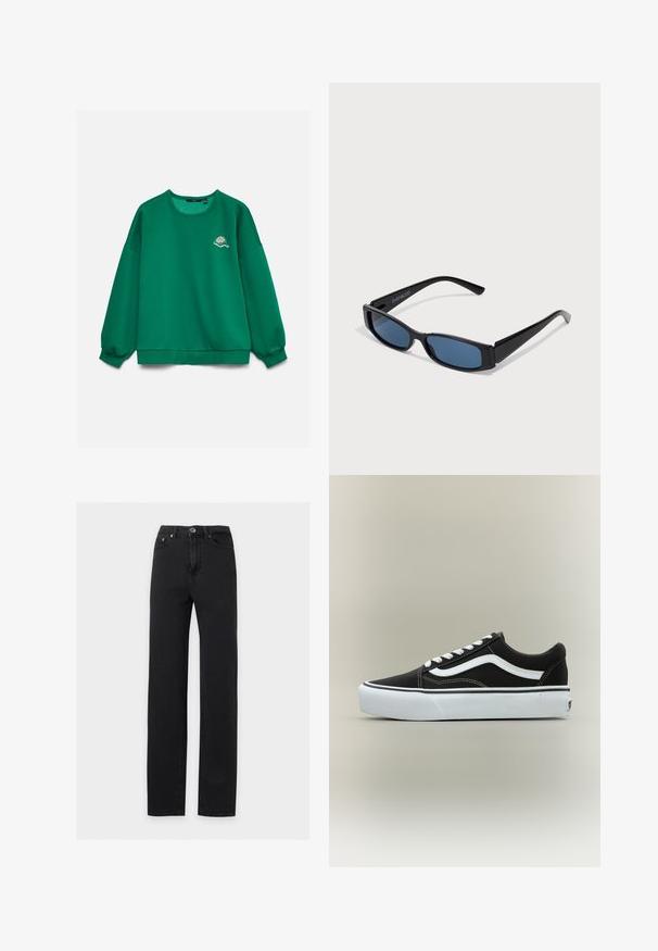 Sweat-shirt vert à manches longues avec un petit motif brodé de raquette et balle de tennis sur la poitrine gauche, présenté sur un fond uni.; Jean noir taille haute à jambes droites avec bouton devant, fermeture éclair et poches avant et arrière sur un fond uni clair.; Baskets basses noires avec bande blanche latérale, lacets blancs, semelle en caoutchouc blanche et bout texturé sur fond neutre.; Lunettes de soleil noires avec une monture rectangulaire élégante et des verres bleus. Présente une texture lisse et des branches robustes. Logo de la marque sur le côté.