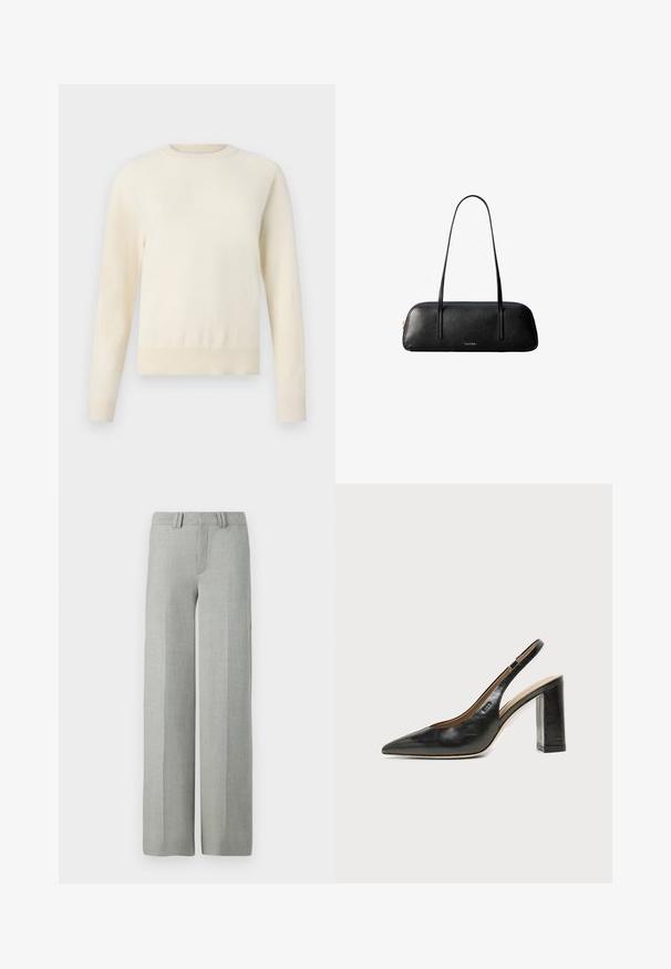 Lys cremefarvet sweater med lange ærmer, rund halsudskæring og ribbenet kant. Lavet af et blødt materiale med en glat tekstur.; Grå bredbensbukser i et letvægtsmateriale, med flad front, bæltehuller og rene, skræddersyede linjer uden synlige mønstre.; Sort læder peep-toe slingback sko med høj blokhæl og beige indvendig foring mod en ensfarvet lys baggrund.; Sort rektangulær læderhåndtaske med lange tynde stropper og gylden "Calvin Klein"-logo på midten foran.