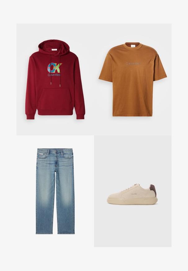 Sweat à capuche en coton bourgogne avec une poche kangourou à l'avant, un cordon de serrage pour la capuche et un logo "OK" coloré avec des accents bleus et verts.; T-shirt en coton marron à manches courtes et à col rond. Présente "Calvin Klein" brodé en gris clair à l'avant.; Jean droit en denim bleu clair avec détails délavés, bouton et fermeture éclair devant, et design à cinq poches incluant une petite étiquette Calvin Klein sur la poche.; Baskets en daim beige avec un bout rond, lacets à l'avant et un accent en daim marron sur le talon. Dotées d'une semelle en caoutchouc texturé.