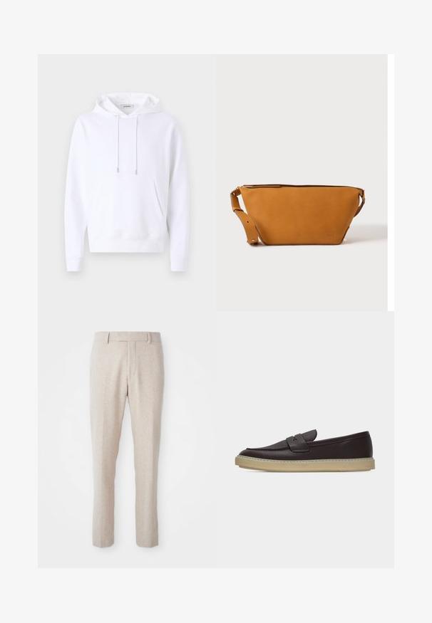 Sudadera blanca con capucha, fabricada en un tejido suave, presenta un bolsillo frontal, puños elásticos y cordones con herrajes plateados.; Pantalones tejidos beige con corte recto, que cuentan con una parte frontal plana, presillas para cinturón y sin patrones visibles ni detalles de hardware.; Mocasín de cuero marrón oscuro con suela de goma beige y diseño sin cordones, mostrado de perfil sobre fondo blanco.; Bolso bandolera de cuero marrón claro con correa ajustable y cierre de cremallera, mostrado sobre un fondo claro y liso.