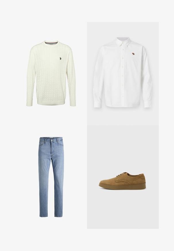 Pull à manches longues en maille torsadée blanche avec col rond et petit logo noir de U.S. Polo Assn. sur la poitrine gauche.; Chemise blanche boutonnée en coton. Elle comprend des manches longues, un col classique et une petite broderie d'orignal sur le côté gauche de la poitrine.; Jean bleu clair à taille haute avec jambes droites, bouton à l'avant, fermeture éclair, passants pour ceinture, ainsi que poches avant et arrière.; Chaussure décontractée à lacets en daim marron avec semelle en caoutchouc plate, vue de côté sur un fond clair uni.