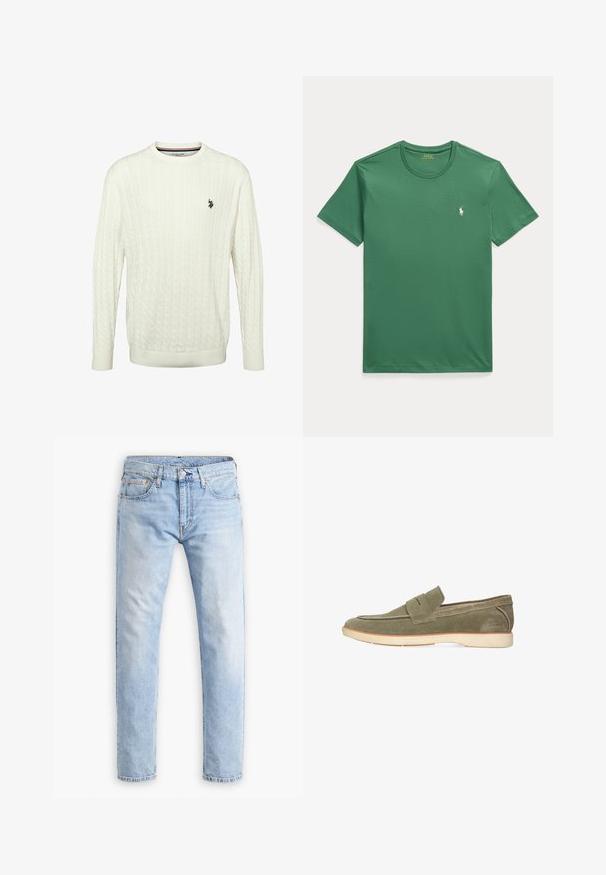 Witte kabelgebreide trui met lange mouwen, een ronde hals en een klein zwart U.S. Polo Assn.-logo op de linkerborst.; Groene T-shirt met korte mouwen en ronde hals met klein wit Polo Ralph Lauren paardenlogo op de linkerborst.; Lichtblauwe denim jeans met een rechte snit, vijf zakken en oranje stiksels, met een knoop- en ritssluiting.; Olijfgroene suède loafer met een crèmekleurige rubberen zool en een gesp over de bovenkant, zijaanzicht op een witte achtergrond.