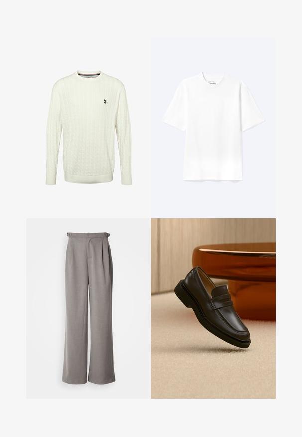Hvid kabelstrikket langærmet sweater med rund hals og lille sort U.S. Polo Assn.-logo på venstre bryst.; Enkel hvid T-shirt med korte ærmer og rund hals med afslappet pasform, vist på en lys baggrund.; Lysegrå wide-leg bukser lavet af vævet stof. Funktioner folder ved taljen og bæltestropper. Glat tekstur og fuldlængde design.; Sort læderloafer, der svæver over et beige tæppe med brunt afrundet møbel i baggrunden.