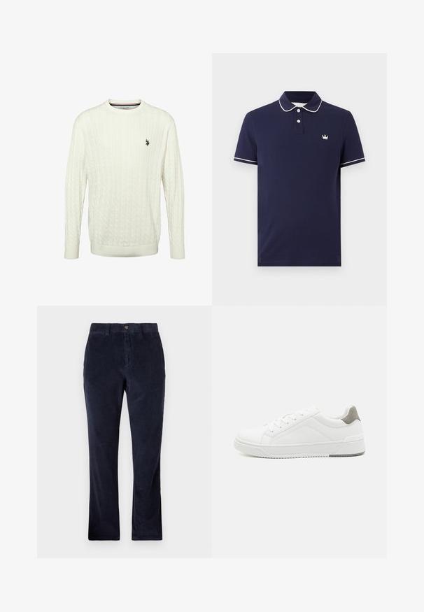 Biely sveter s dlhými rukávmi a vzorom vrkoča, okrúhlym výstrihom a malým čiernym logom U.S. Polo Assn. na ľavej strane hrude.; Námornícka modrá polokošeľa s bielym lemom na golieri a rukávoch, dvoma bielymi gombíkmi a malým bielym logom koruny na ľavej strane hrudníka.; Námornícke kordové nohavice so strihom rovného nohavicu, ktoré majú zapínanie na gombík, pútka na opasok a textúrovanú rebrovanú tkaninu.; Biele tenisky z hladkej koženej tkaniny, zaoblenou špičkou, minimalistickým dizajnom, sivým akcentom na päte a textúrovanou gumovou podrážkou.