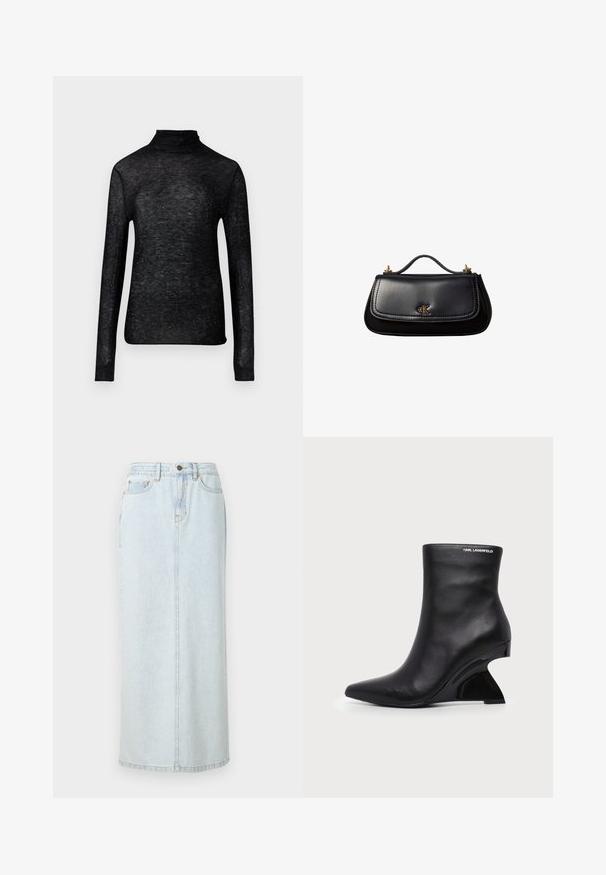 Haut à col roulé noir à manches longues en tissu transparent, orné de points argentés éparpillés, présentant une silhouette ajustée.; Jupe maxi en denim bleu clair avec un design droit, fermeture à boutons sur le devant et couture visible. Elle comporte deux poches avant.; Bottine en cuir noir avec talon sculpté incurvé et logo Karl Lagerfeld près du bord supérieur sur fond blanc.; Sac à main en cuir noir avec une petite poignée, logo "cK" doré sur le rabat avant, et accessoires dorés.