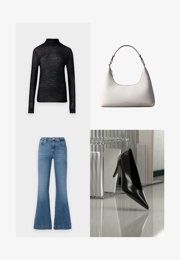 Sort langærmet turtleneck-top lavet af gennemsigtigt stof, prydet med spredte sølvprikker, der præsenterer en tætsiddende silhuet.; Blå flagrende jeans lavet af denim, med høj talje, fem-lomme design og subtil falming, samt synlige syninger.; Sort højhælet sko med spids tå og guldlogo, placeret på en reflekterende overflade nær en krom trådfilholder med dokumenter.; Cremefarvet skuldertaske i læder fra Calvin Klein med buet topkant, sølvfarvet lynlås og mørkebrun justerbar rem.