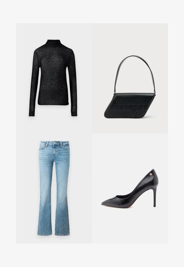 Haut à col roulé noir à manches longues en tissu transparent, orné de points argentés éparpillés, présentant une silhouette ajustée.; Jean flare en denim bleu clair avec poches avant, passants de ceinture et fermeture à bouton.; Escarpin en cuir noir à talon haut avec un bout pointu, présentant un design ajouré et un petit logo doré sur le talon.; Sac d'épaule en cuir noir de forme triangulaire, avec un logo embossé et une seule bandoulière réglable. Design minimaliste avec une texture lisse.