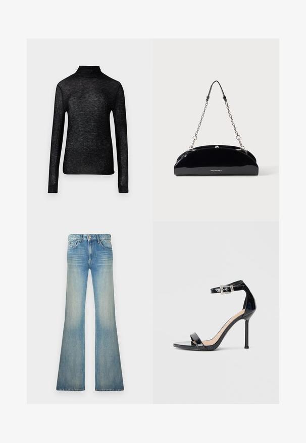 Haut à col roulé noir à manches longues en tissu transparent, orné de points argentés éparpillés, présentant une silhouette ajustée.; Jean en denim bleu clair taille haute, bouton à l’avant, texture délavée et jambes évasées larges.; Sandale à talon haut en cuir verni noir avec bride à la cheville. Présente un design minimaliste, un bout ouvert et une boucle ornée de strass.; Sac à main noir brillant avec une bandoulière chaîne argentée et un petit logo KARL LAGERFELD sur le devant, sur un fond clair uni.