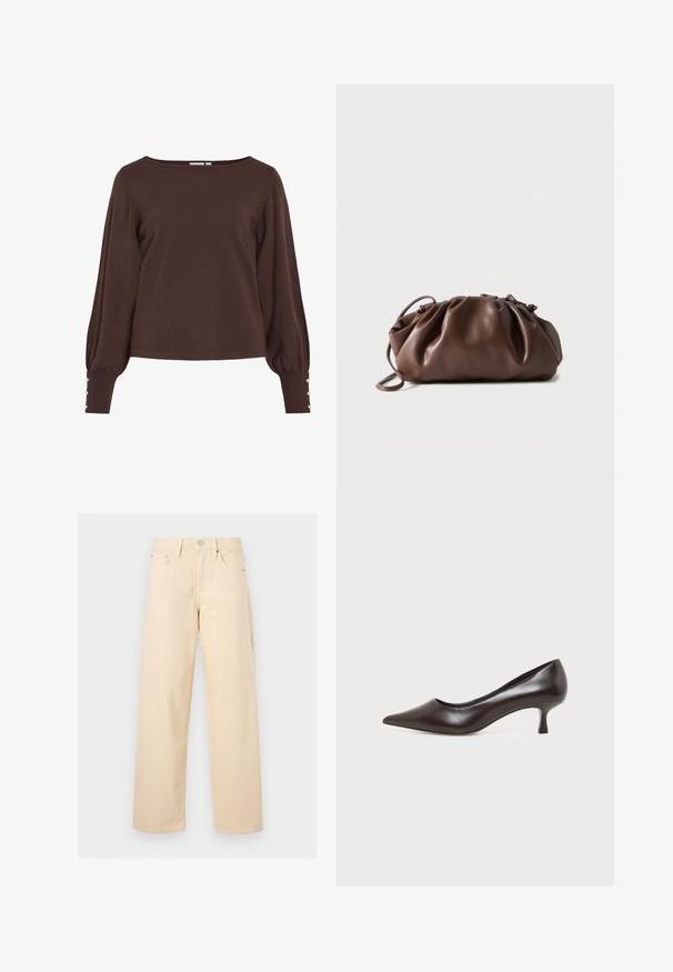 Pull marron tricoté avec un col bateau, de longues manches bouffantes et des détails à boutons aux poignets. Caractérisé par une coupe décontractée et une texture lisse.; Pantalon beige droit avec bouton et fermeture éclair à l’avant, passants pour ceinture et design cinq poches sur un fond uni clair.; Escarpin en cuir marron foncé à bout pointu avec petit talon incurvé sur fond blanc.; Sacoche en cuir marron doux avec un haut froncé et une fine bandoulière, posée sur un fond blanc.