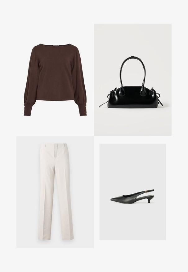 Pull marron tricoté avec un col bateau, de longues manches bouffantes et des détails à boutons aux poignets. Caractérisé par une coupe décontractée et une texture lisse.; Pantalons beige sur mesure avec une coupe droite, présentant une texture lisse, deux poches avant et sans détails matériels visibles.; Chaussure slingback noire à bout pointu en cuir lisse. Présente un talon fin et un détail de boucle sur la sangle réglable.; Petit sac à main noir brillant avec deux longues anses et des détails à cordon sur les côtés sur un fond clair uni.
