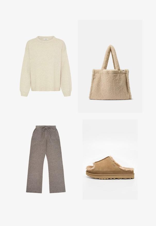 Licht beige sweater van zachte gebreide stof, met een ronde hals, verlaagde schouders en geribde rand en manchetten. Geen patronen of accenten.; Grijze gebreide wijde broek met elastische tailleband, aantrekkoord, zijzakken en een klein "VB"-logo bij de taille.; Beige suède instappantoffel met zachte fleece voering en rubberen zool, met een UGG-logo aan de zijkant, op een effen witte achtergrond.; Beige teddy stof tote bag met twee korte handvatten, zachte textuur en een gestructureerde vorm. Geen zichtbare hardware of extra details.