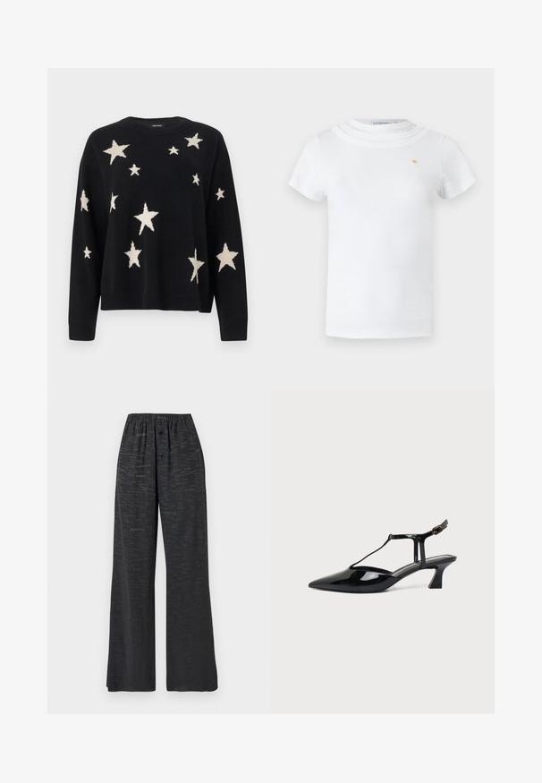 Pull noir à manches longues avec des motifs d'étoiles blanches de tailles variées dispersés sur le devant, les manches et les épaules.; T-shirt blanc à manches courtes avec un col rond superposé et un petit emblème doré sur la poitrine gauche.; Pantalon noir à jambes larges avec ceinture élastique, deux boutons à l'avant et un motif discret en texte imprimé sur l'ensemble.; Chaussure slingback en cuir verni noir à bout pointu avec bride en T et petit talon bloc incliné sur fond blanc.