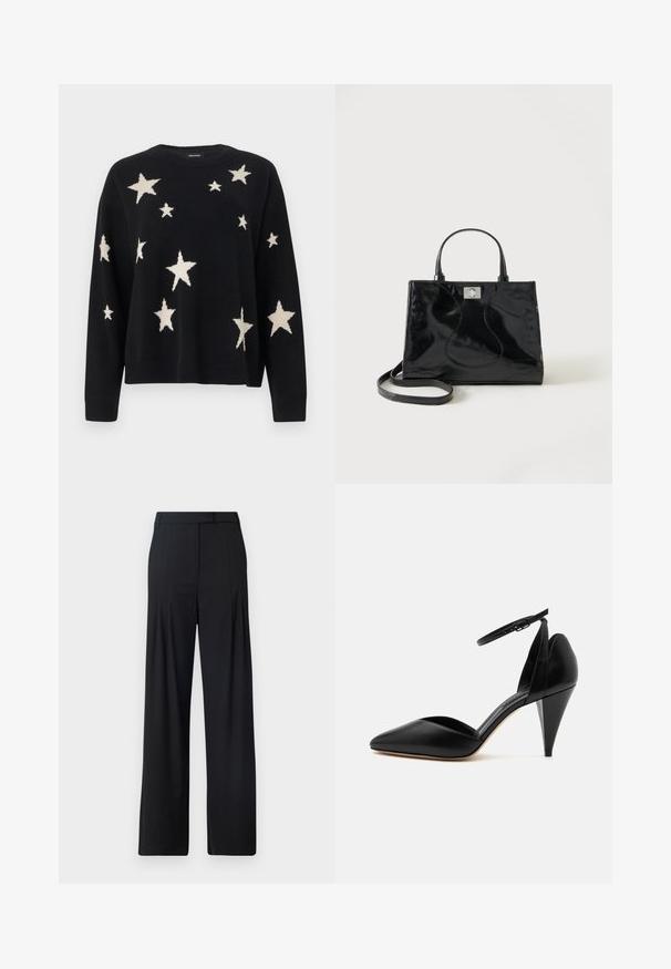 Pull noir à manches longues avec des motifs d'étoiles blanches de tailles variées dispersés sur le devant, les manches et les épaules.; Pantalons larges noirs avec un devant plat, des plis et une taille ajustée. Fabriqués en tissu lisse et léger.; Escarpin en cuir noir à bout pointu avec bride à la cheville et talon conique sur fond blanc.; Sac à main en cuir verni noir avec poignées arrondies, bandoulière détachable et fermeture à boucle argentée sur fond blanc uni.