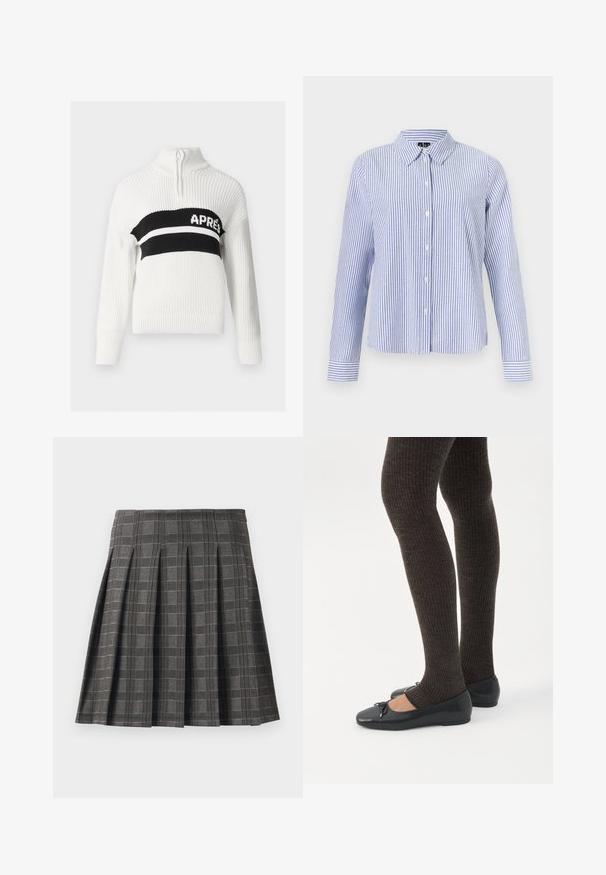 Pull en tricot blanc avec un col montant, comportant une bande horizontale noire avec le texte "APRES" en blanc, et des poignets et un bas côtelés.; Chemise à manches longues boutonnée, avec des rayures verticales blanches et bleu clair et un col pointu, présentée sur un fond uni.; Jupe plissée à motif écossais gris, fabriquée à partir d'un tissu texturé. Elle présente des plis verticaux et un ourlet droit.; Jambes portant des leggings côtelés foncés associés à des ballerines noires avec de petits détails en nœud sur fond blanc.