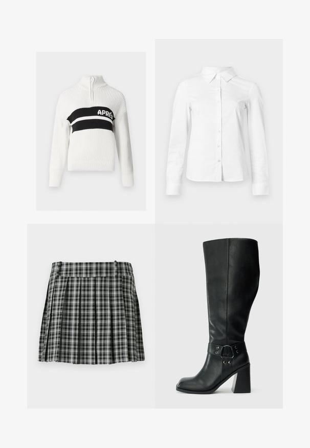 Pull en tricot blanc avec un col montant, comportant une bande horizontale noire avec le texte "APRES" en blanc, et des poignets et un bas côtelés.; Chemise blanche à manches longues avec boutons, col pointu, ourlet droit et silhouette ajustée, présentée sur un fond clair uni.; Jupe plissée à carreaux noir et blanc avec une taille lisse et de multiples plis verticaux. Fabriquée en tissu léger.; Bottes en cuir noires arrivant au genou, avec un bout carré, un large talon et une sangle décorative avec des accents métalliques autour de la cheville. Texture lisse.