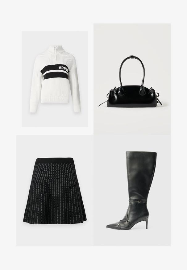 Pull en tricot blanc avec un col montant, comportant une bande horizontale noire avec le texte "APRES" en blanc, et des poignets et un bas côtelés.; Jupe noire en mailles texturées avec des rayures argentées en zigzag, conçue avec une silhouette évasée et une taille noire solide.; Bottes noires en cuir montant jusqu'au genou, avec un talon fin, un bout pointu et des détails de lanière à la cheville. Texture lisse et design ajusté.; Petit sac à main noir brillant avec deux longues anses et des détails à cordon sur les côtés sur un fond clair uni.