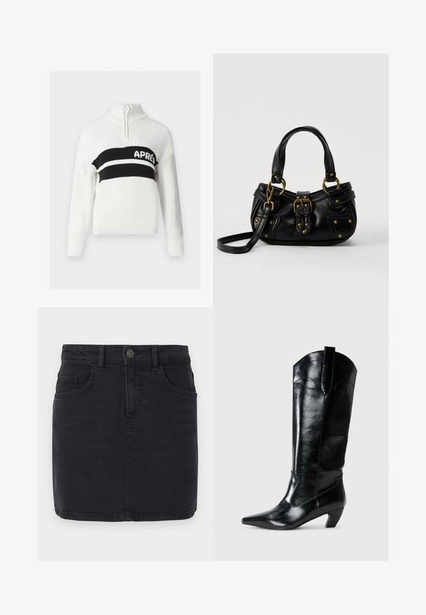 Pull en tricot blanc avec un col montant, comportant une bande horizontale noire avec le texte "APRES" en blanc, et des poignets et un bas côtelés.; Jupe en denim noir avec une coupe ajustée, style cinq poches et une fermeture frontale par boutons. Présente des détails de couture subtils et un ourlet droit.; Bottes en cuir noir montantes jusqu'au genou, avec une pointe effilée, un talon bas, et des détails de couture décoratifs sur les côtés. Fini lisse et brillant.; Sac à main en cuir noir avec boucle dorée et détails à rivets, poignées courtes et bandoulière réglable sur fond blanc uni.