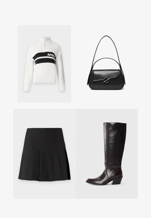 Pull en tricot blanc avec un col montant, comportant une bande horizontale noire avec le texte "APRES" en blanc, et des poignets et un bas côtelés.; Mini-jupe plissée noire en tissu léger. Elle présente une ceinture ajustée et des plis aiguille nets pour un look structuré.; Botte en cuir brun foncé, à hauteur de genou, avec un bout pointu, un talon bloc angulaire et une texture lisse et brillante. Présente un design épuré et des détails de couture.; Sac à bandoulière en cuir noir avec un rabat incurvé fermé par un fermoir métallique rond et une sangle fine et ajustable.