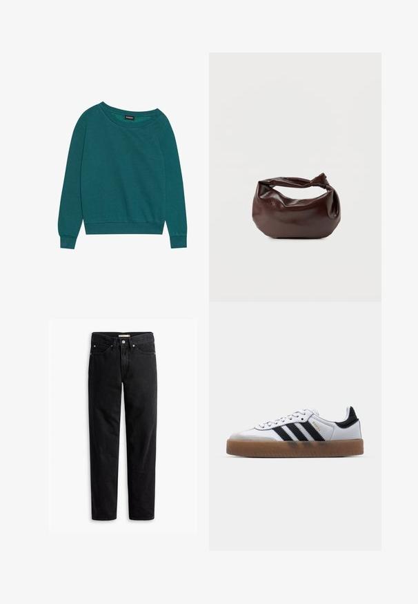 Türkisfarbener Pullover mit weitem Halsausschnitt, langen Ärmeln und gerippten Bündchen. Hergestellt aus weichem Stoff mit lockerer Passform. Leichte Textur, keine Muster.; Schwarze gerade Jeans mit Knopf- und Reißverschluss, Gürtelschlaufen sowie Vorder- und Gesäßtaschen, auf weißem Hintergrund flach präsentiert.; Weiße Leder Sneakers mit schwarzen Streifen, Gummigummi-Außensohle, runder Zehenform, Schnürverschluss und weichem grauem Wildleder-Zehenkappe.; Dunkelbraune Lederschultertasche mit weicher, lockerer Form und einem gedrehten Knotengriff vor schlichtem weißem Hintergrund.