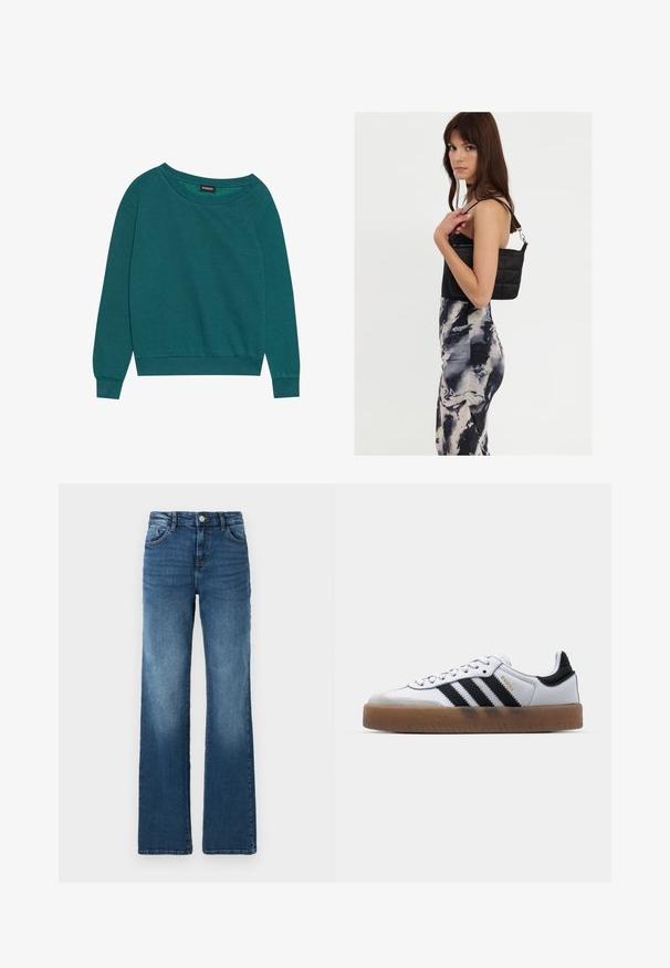 Türkisfarbener Pullover mit weitem Halsausschnitt, langen Ärmeln und gerippten Bündchen. Hergestellt aus weichem Stoff mit lockerer Passform. Leichte Textur, keine Muster.; Blaue Jeans aus Denim mit geradem Bein, fünf Taschen, leichter Ausbleichung, Knopfverschluss und kontrastierenden Nähdetails.; Weiße Leder Sneakers mit schwarzen Streifen, Gummigummi-Außensohle, runder Zehenform, Schnürverschluss und weichem grauem Wildleder-Zehenkappe.; Schwarze gesteppte Schultertasche mit einem einzelnen Riemen und silberner Hardware, kombiniert mit einem figurbetonten Kleid im Batikmuster in Schwarz- und Cremetönen.
