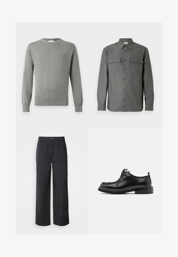 Calvin Klein Πουλόβερ - medium grey; Γκρι πουκάμισο με κουμπιά, διαθέτει σταθερό γιακά, δύο τσέπες στο στήθος και μακριά μανίκια με κουμπιά στις μανσέτες· υφή υφάσματος με ανάγλυφο φινίρισμα.; Παντελόνια με φαρδύ πόδι από βαμβακερό ύφασμα σκούρου ναυτικού μπλε, με τσέπες μπροστά και κλείσιμο με κουμπί. Λείο ύφασμα με μινιμαλιστικό σχεδιασμό.; Calvin Klein LACE UP APRON BRUSH OFF - Παπούτσια με κορδόνια - black