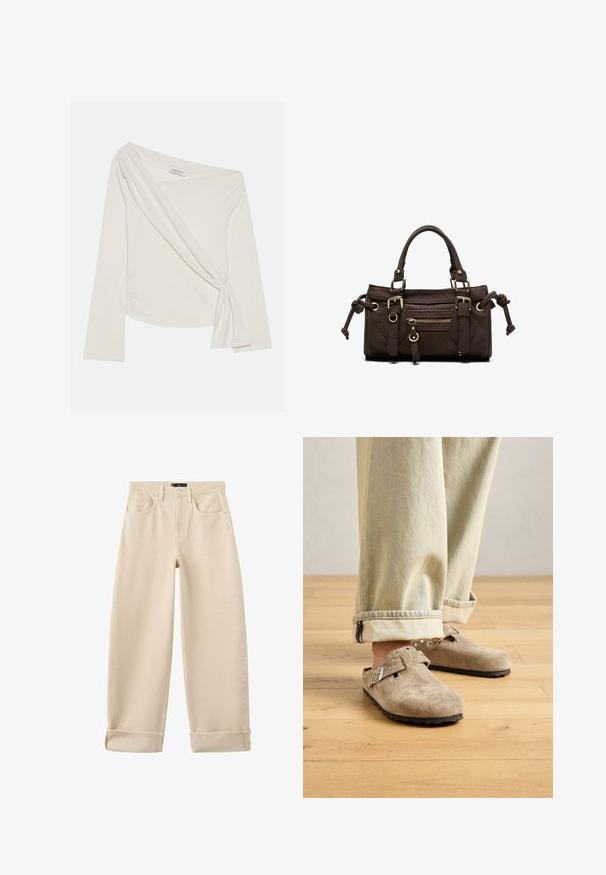 Langærmet, off-shoulder top i et blødt, cremefarvet stof. Har et tvistet frontdetalje og sidelæg for en tætsiddende silhuet.; Beige høj talje, vidde bukser med forlommer, bæltestropper, knaplukning og opkrogede opslag.; Lys beige ruskindsslip-on klipklapper med metalspænde og nitte detaljer iført med opfoldede lysvaskede jeans på trægulv.; Mørkebrun læderhåndtaske med dobbelte håndtag, forreste lynlåslomme, dekorative spænder og sideknuder på hvid baggrund.