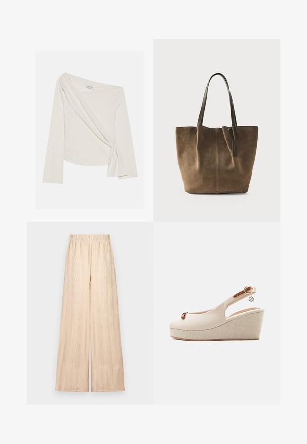 Langærmet, off-shoulder top i et blødt, cremefarvet stof. Har et tvistet frontdetalje og sidelæg for en tætsiddende silhuet.; Beige viddebukser med tekstureret stof og elastisk taljebånd, vist fladt på en neutral baggrund.; Beige kilehæl sandal med tekstureret platform, lille sløjfedetalje foran og guldlås med rundt vedhæng på ankrem.; Brun ruskindtaske med lange mørke hanke og en lille vedhæftet mærkat, stående oprejst på en ensfarvet lys baggrund.